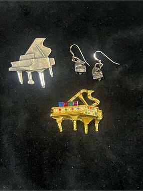 Gold - tone Piano Brooch and Earrings Set with Multicolor Accents